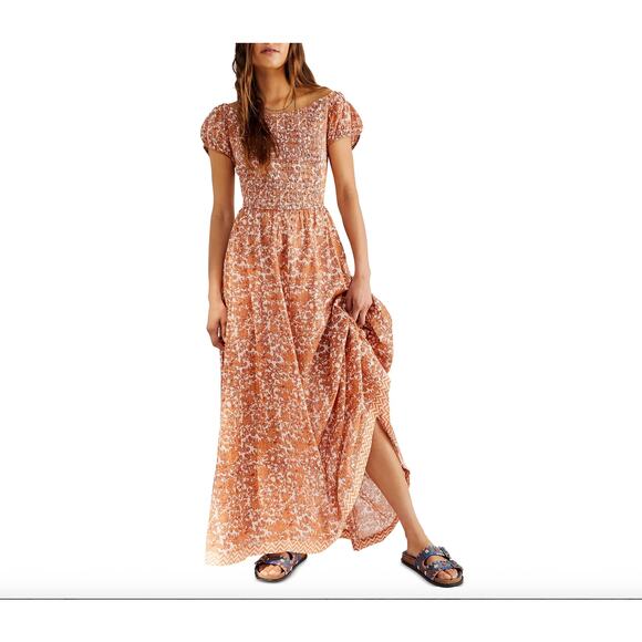 Free People Dresses & Skirts - Free People Ultraviolet Maxi Dress Puff Sleeve Smocked Boho Milkmaid Cottage L